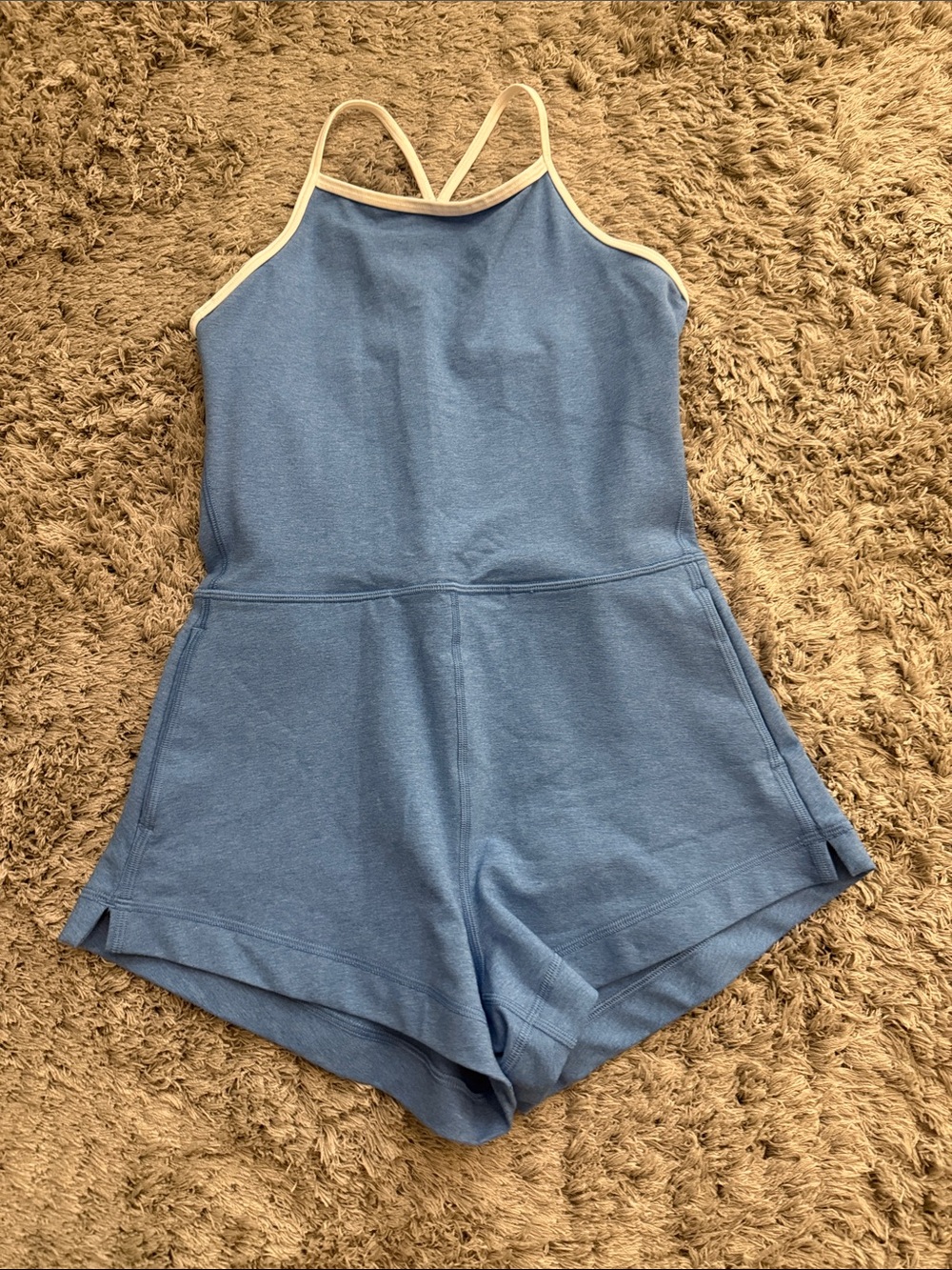 Athleta Light Blue Sleeveless Romper with Cream Trim